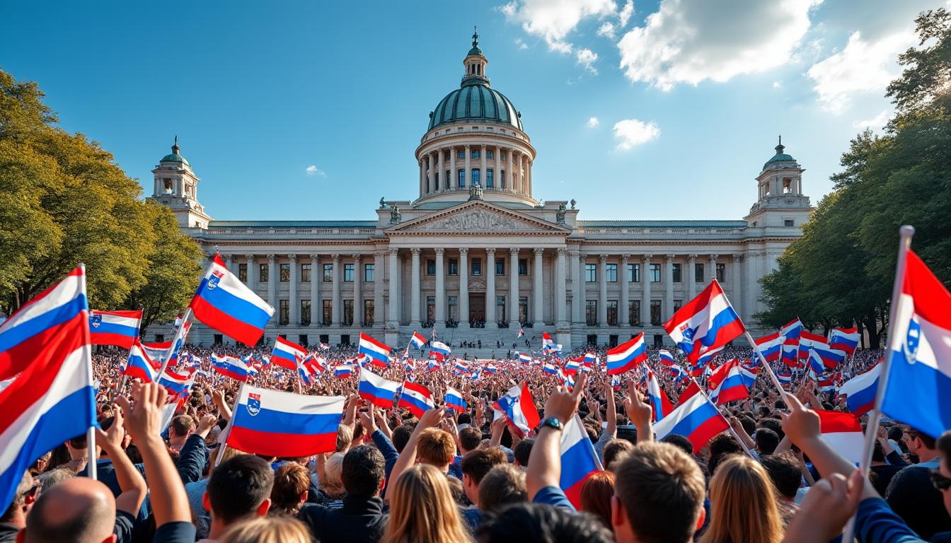 le premier ministre slovène robert golob célèbre sa victoire lors des élections législatives, marquant une nouvelle étape politique pour la slovénie.