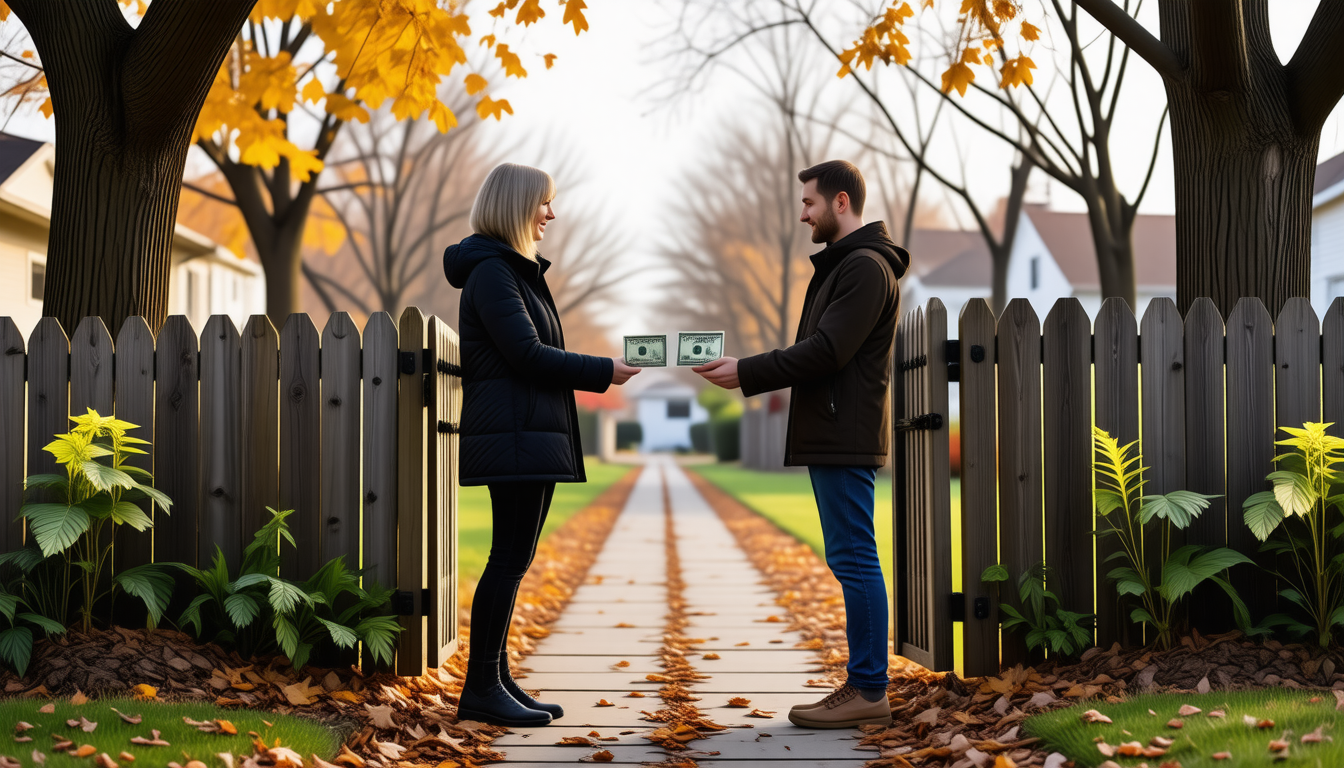 à l’automne, deux voisins font installer une nouvelle clôture et partagent les frais : découvrez comment chacun paie la moitié de la facture.
